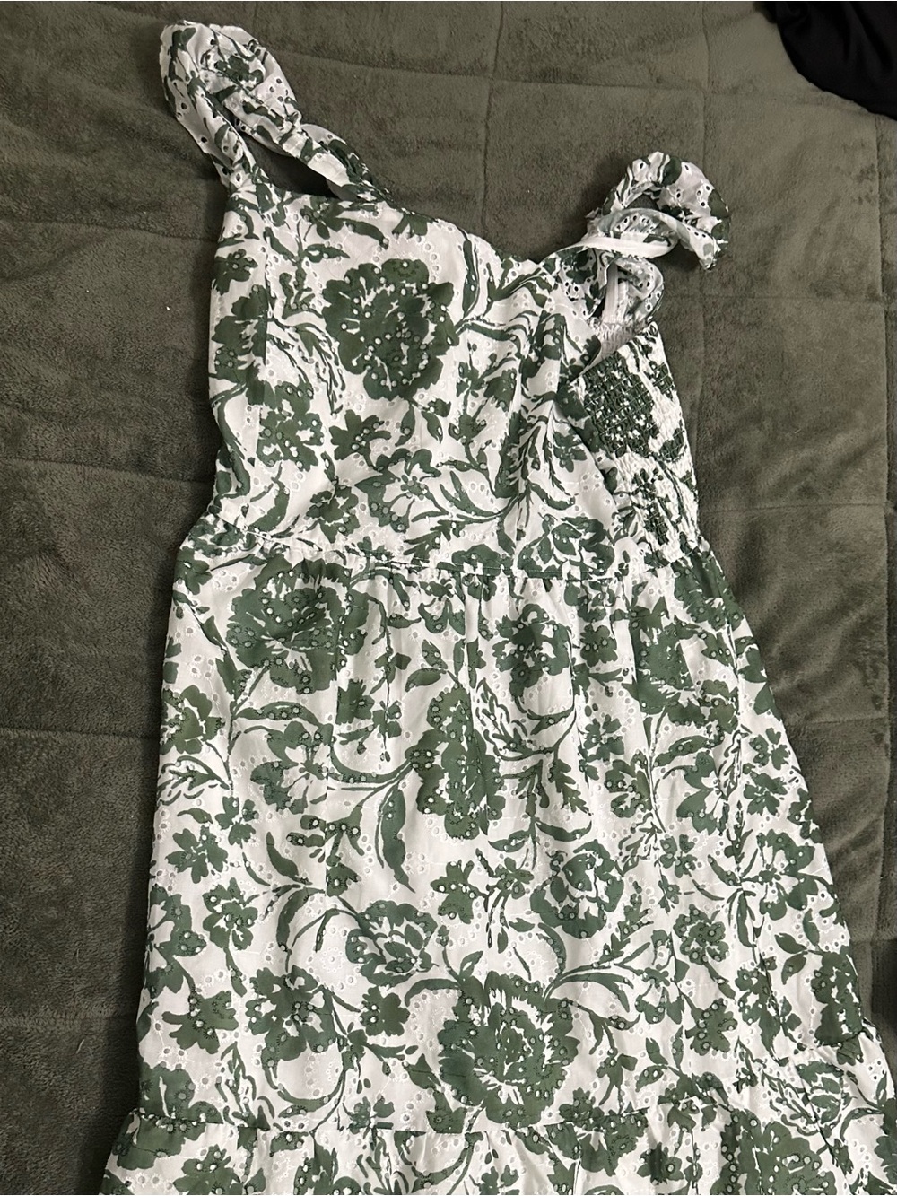 Smocked White Midi Dress with Green Floral Print - Women's